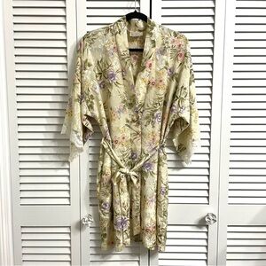 Vtg California Dynasty 1990s Kimono Robe Short Satin Cream Purple Floral Lace M